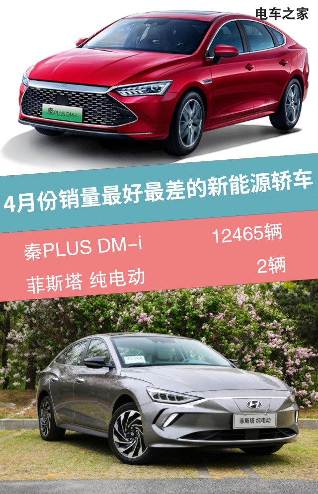 4月份销量最好最差的新能源轿车 秦PLUS DM-i 12465辆 菲斯塔 纯电动 2辆