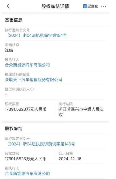 哪吒汽车关联公司股权再遭冻结