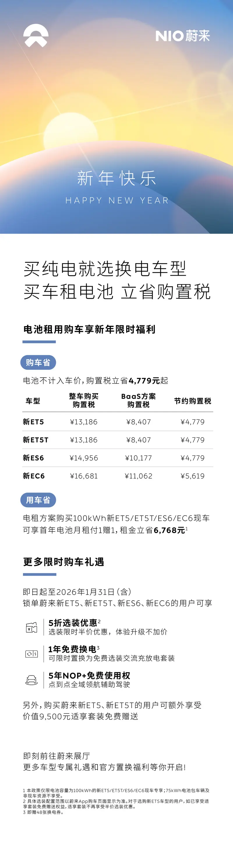 蔚来汽车2026年推出限时购车优惠政策，BaaS 方案最省钱